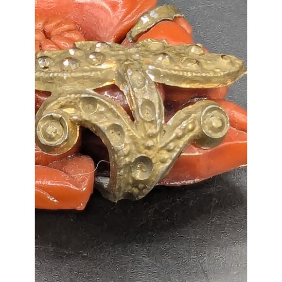 Antique Gold Tone Red Carved Celluloid Flower Brooch Pin - Picture 7 of 11